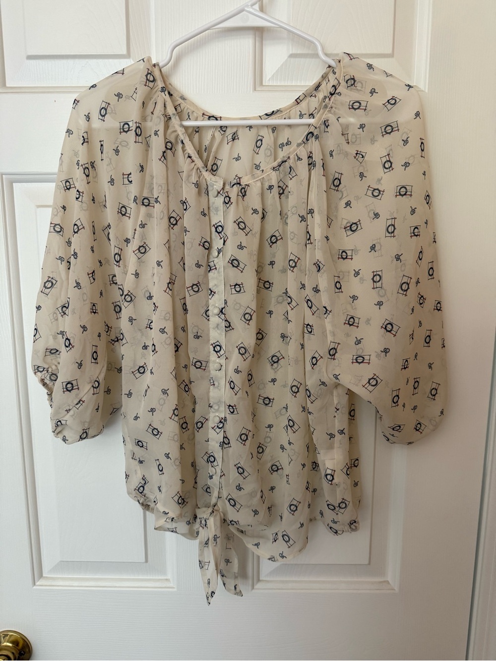 Lightweight Cream Patterned Women's Blouse - Tie Front